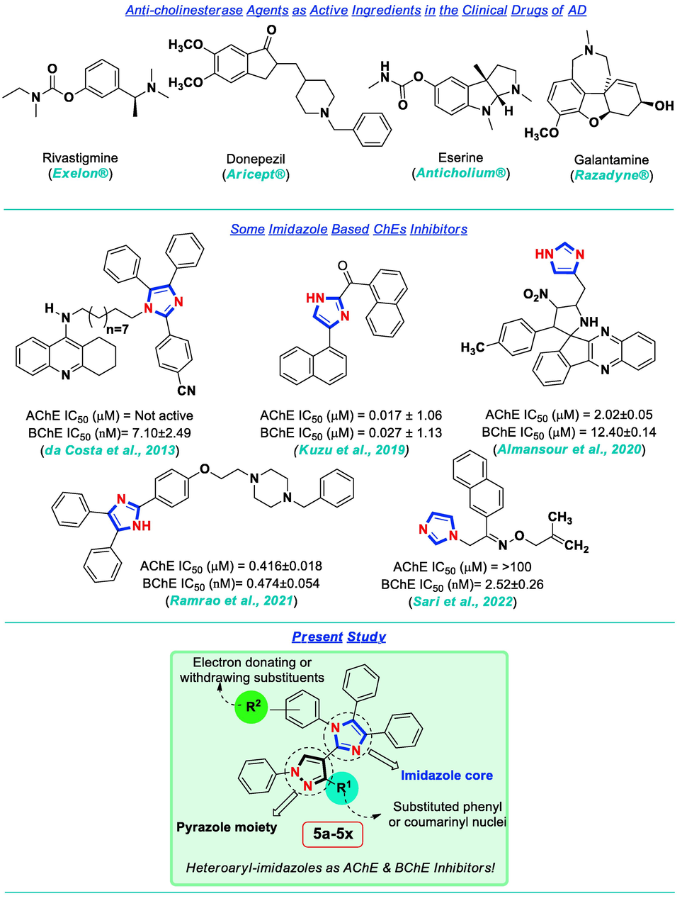 Significant clinical drugs of AD and imidazole based potent anti-cholinesterase agents as rationale of the present study.