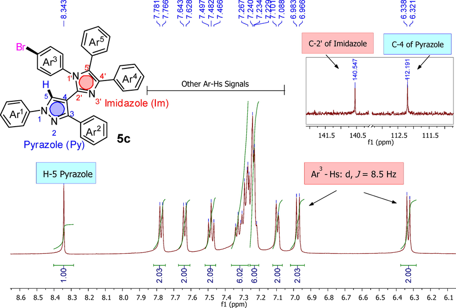 Characteristics signals in 1H NMR and 13C NMR spectra of novel derivative (5c) as a representative analogue.