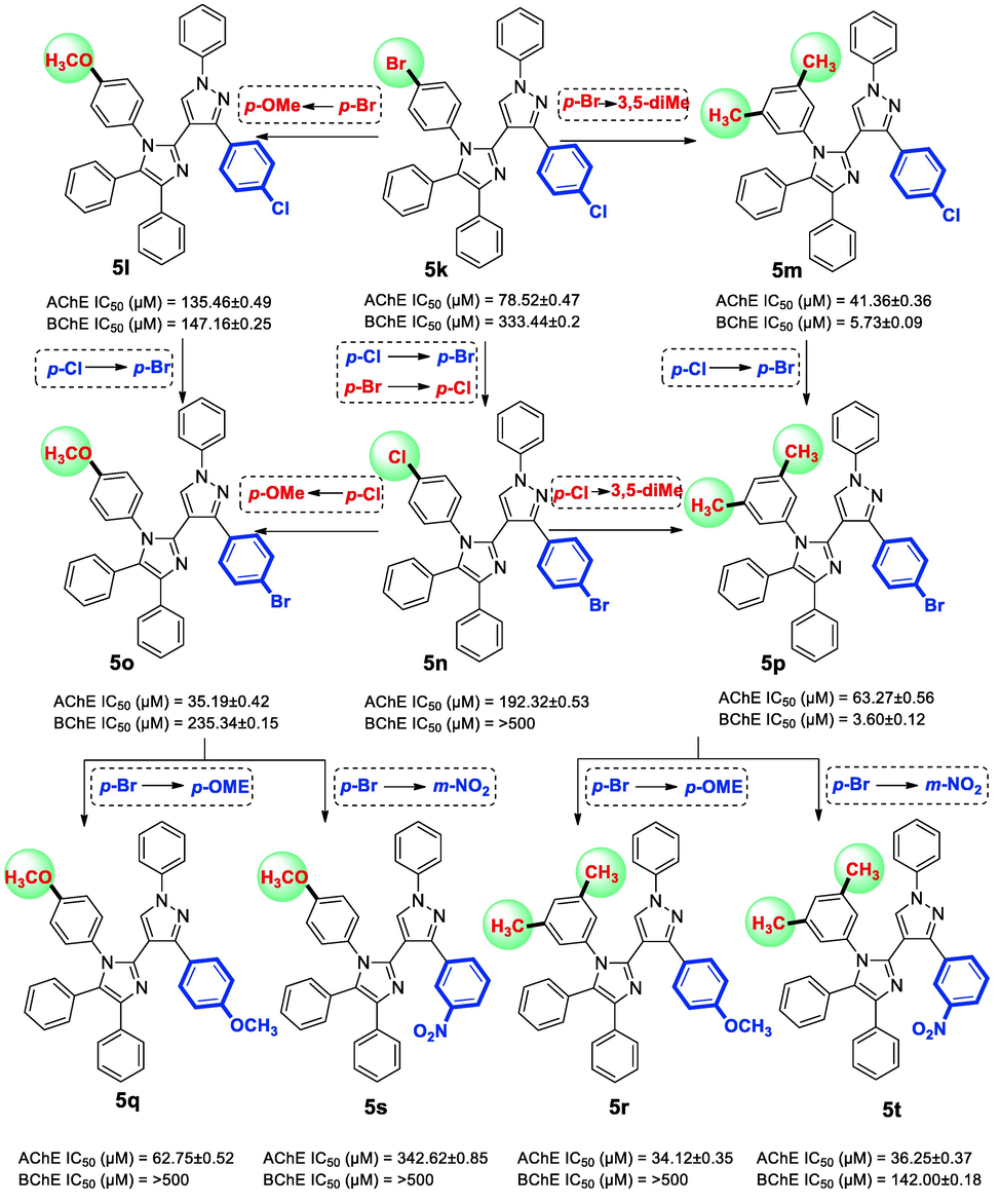 Variation in AChE and BChE inhibitions with structural modifications in the compounds: 5 k-5 t.