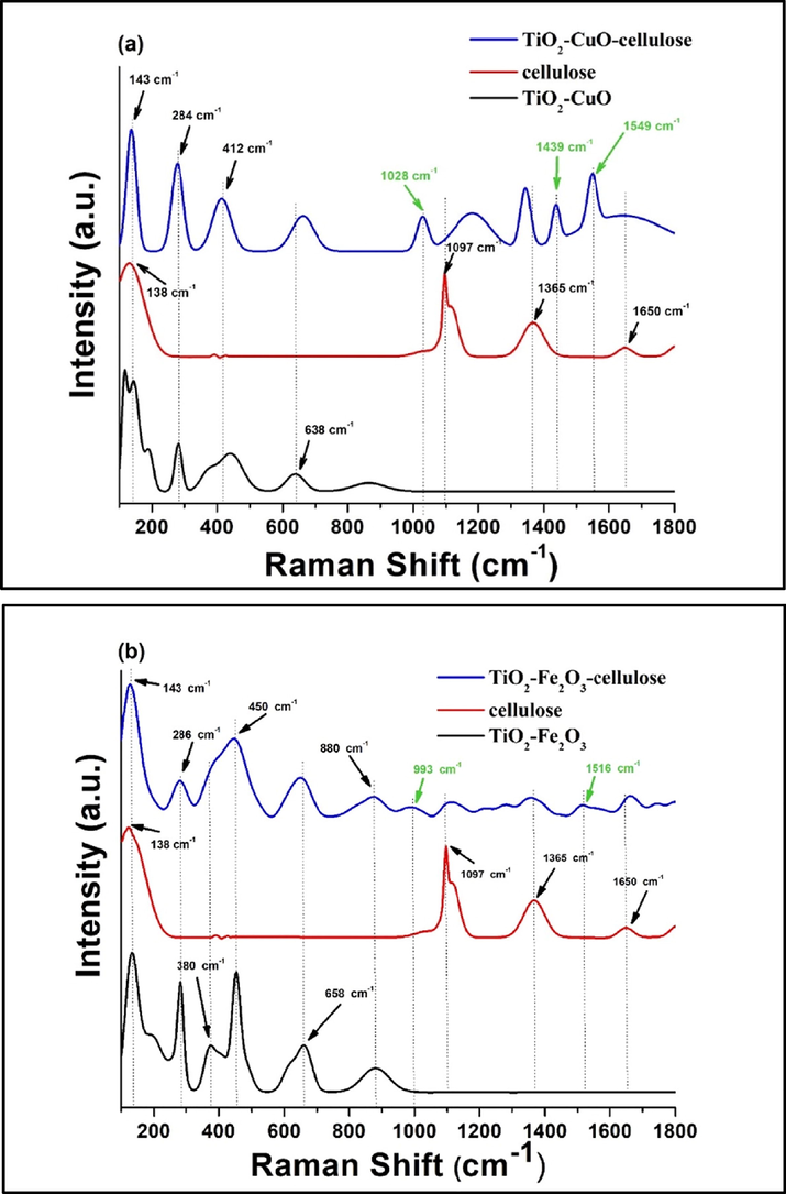 Raman analysis of TiO2-CuO-cellulose (a) and TiO2-Fe2O3-cellulose (b) hybrid membranes.