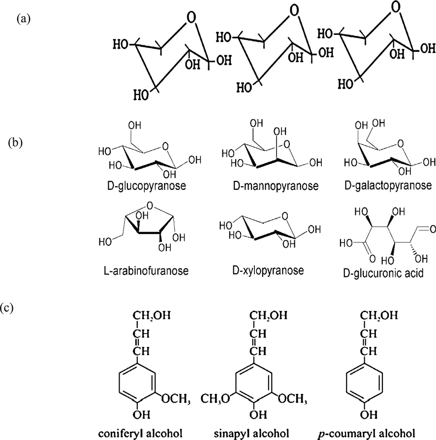 Chemical structure of lignocellulosic biomass (a) Cellulose; (b) Hemicellulose; (c) Lignin..