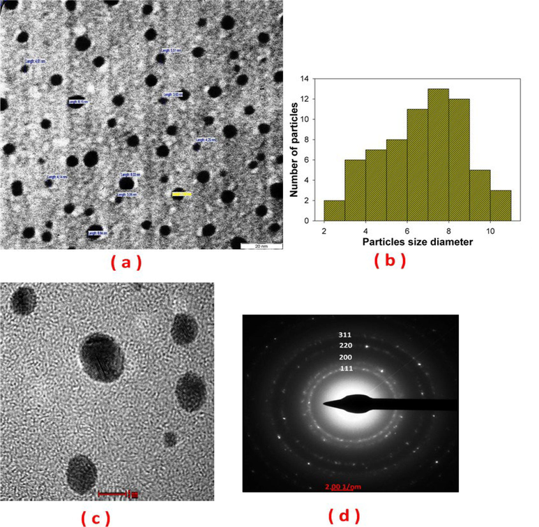 TEM and HR-TEM of in-situ AuNPs conjugated with BSA in SBF at a laser fluence of 358.4 J/cm2: (a) morphology, (b) particles size distribution, (c) fringe spacing of 0.23 nm, and (d) SAED pattern indicating face‐centered cubic crystal structure corresponding to the gold.