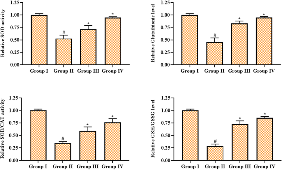 Effect of geraniin on the antioxidant levels in the retinal tissues of STZ-provoked DR rats. Group I: Control; Group II: STZ-induced DR rats; Group III: STZ-induced DR + 25 mg/kg of geraniin treated rats; Group IV: STZ-induced DR + 350 mg/kg of metformin treated rats. Values are represented as the mean ± SD of triplicates assessed statistically by one-way ANOVA and Tukey’s multiple comparison assay. ‘#’ reveals significance at p < 0.05 from control and ‘*’ reveals significance at p < 0.01 from STZ group.