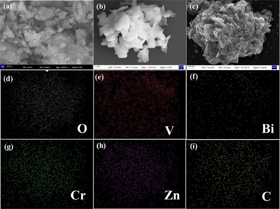 SEM images of ZnCr-LDH (a), BiVO4 (b), 0.5-B-ZCL (c) and EDS-mapping images (d–i).