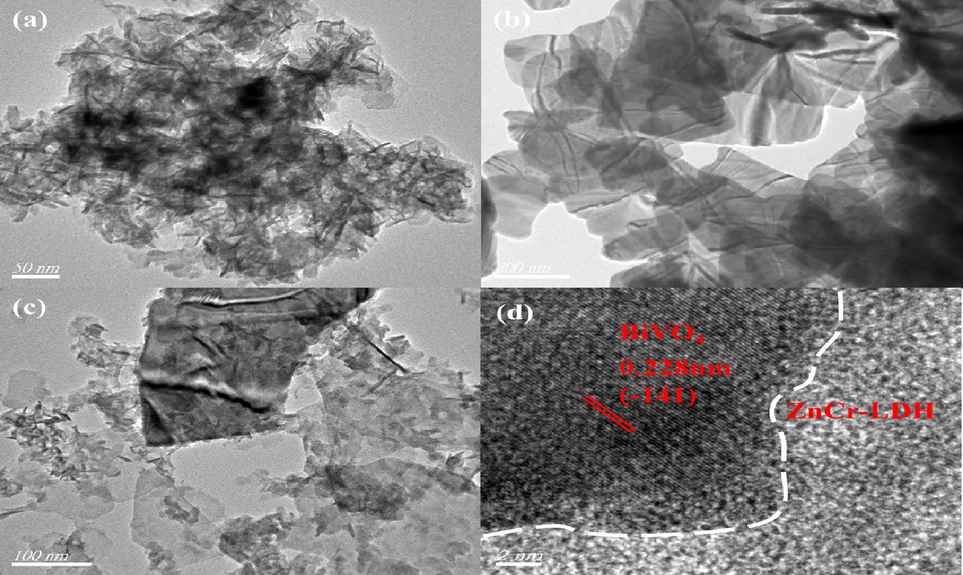 TEM images of ZnCr-LDH (a), BiVO4 (b), 0.5-B-ZCL (c) and HRTEM images of 0.5-B-ZCL heterojunction (d).