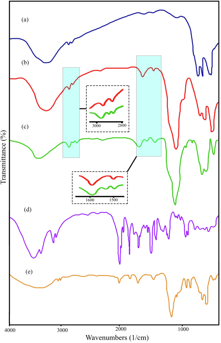 FT-IR spectra of (a) CuFe12O19, (b) CuFe12O19@HAp MNCs, (c) CuFe12O19@HAp-APTES MNCs, (d) atenolol, and (e) ATL-CuFe12O19@HAp-APTES MNCs.