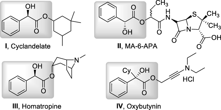 Some biologically active compounds bearing mandelic acid ester motifs.