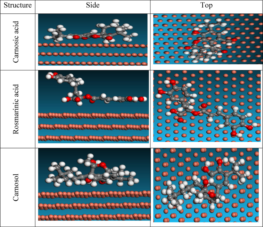 Top and Side View of adsorption of ROE components on Cu surface.