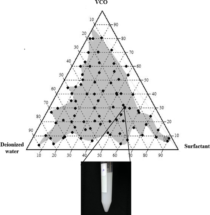 Pseudo-ternary phase diagram of oil and surfactant mixtures with addition of deionized water (DIW) with a wide range of homogenized mixture formation (grey area). The inset picture shows the visual formation of a randomly selected homogenized mixture after 30 mins of storage.