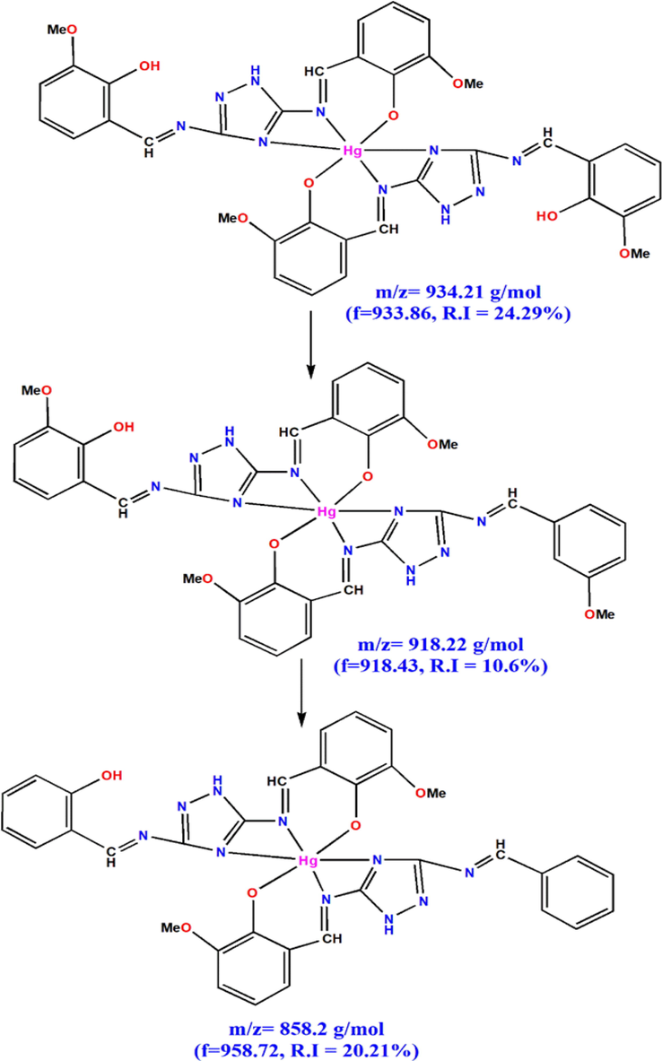 Mass fragmentation patterns of HMBT-Hg complex.