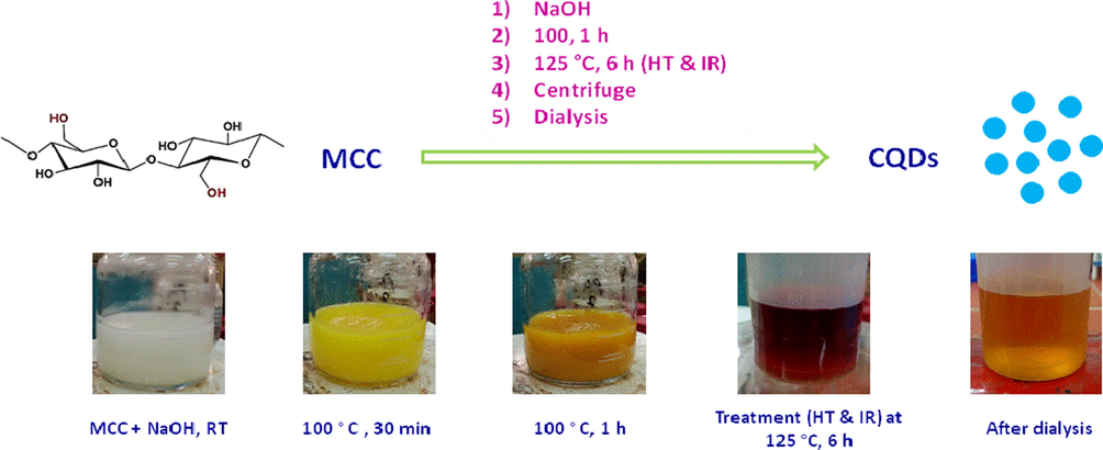 Scheme for synthesis of CQDs from MCC by hydrothermal and infrared treatment.