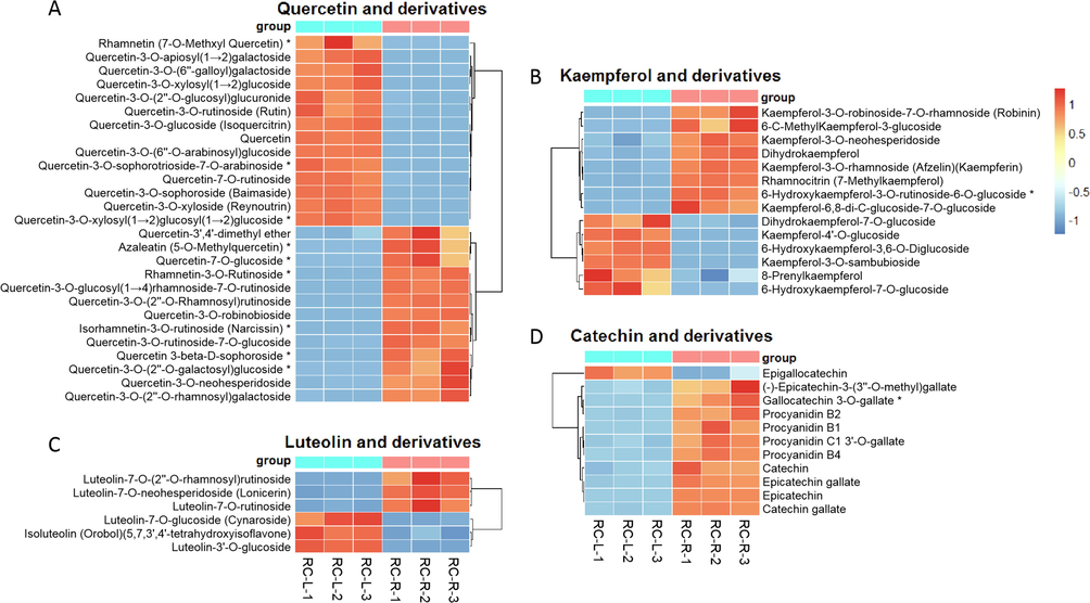 The differences in differential metabolites of flavonoids between RC-L and RC-R displayed by heat map. There were 9 biomarkers and 18 CDMs for quercetin and derivatives (A), 1 biomarker and 13 CDMs for kaempferol and derivatives (B), 0 biomarker and 6 CDMs for luteolin and derivatives (C), and 1 biomarker and 10 CDMs for catechin and derivatives (D). Three independent replicates were performed.