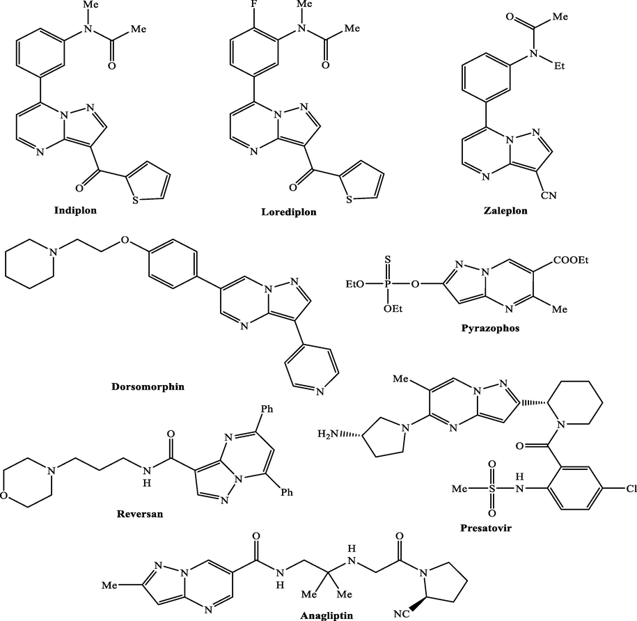 Chemical structures of some derivatives bearing pyrazolopyrimidine motif.