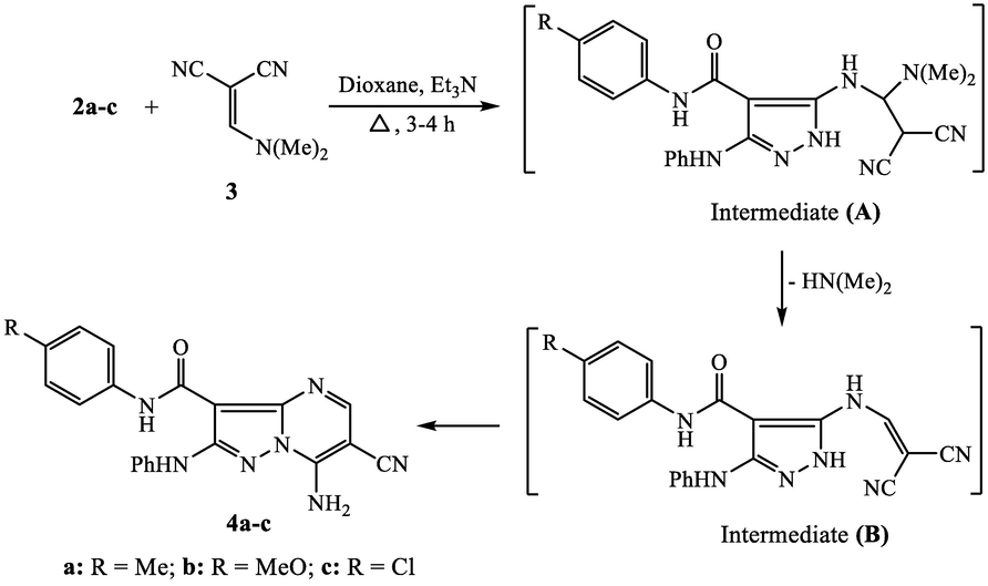 Synthesis of 2-(phenylamino)pyrazolo[1,5-a]pyrimidine analogues 4a-c.