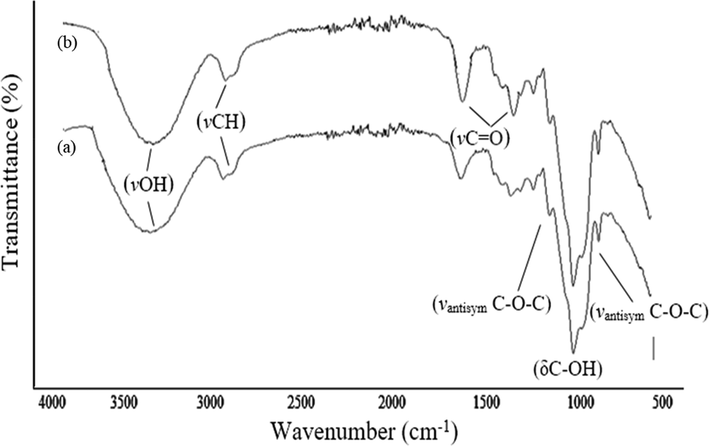 FT-IR spectra of (a) AX and (b) Cu-AX nanocomposite.