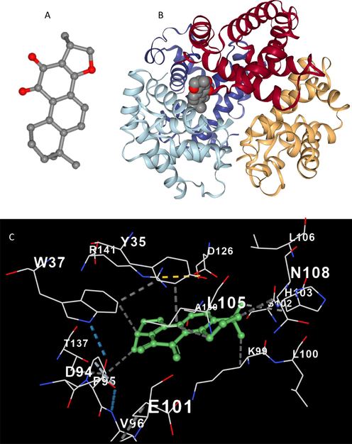 3D structure of cryptotanshinone(A), docking result of cryptotanshinone-Hb complex (B), amino acid residues in the binding pocket of cryptotanshinone-Hb complex (C).