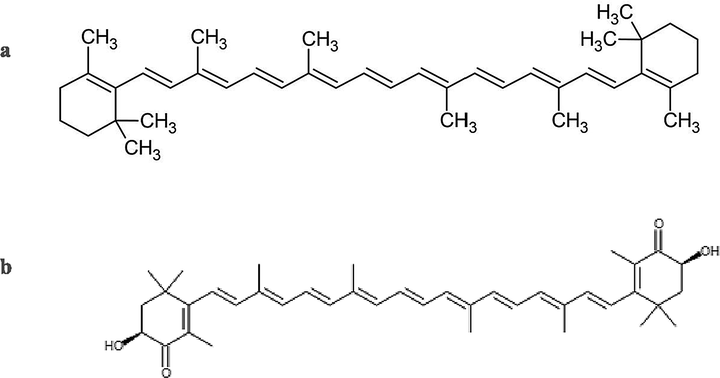 Chemical structures of microalgal pigments. (a) β-Carotene, (b) astaxanthin.