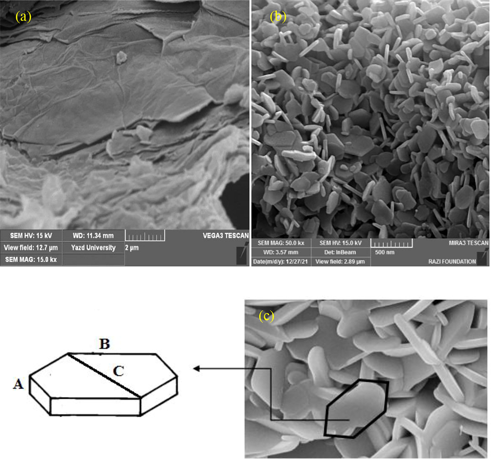 SEM images of (a) GO, (b) barium ferrite nanoparticles, and (c) schematic of the hexagonal barium ferrite nanoparticles.