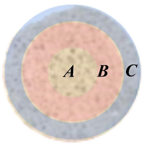 The observation areas on the slice, where A is the area near the axis, B is the area in the middle of the core radius, and C is the outer area of the core.