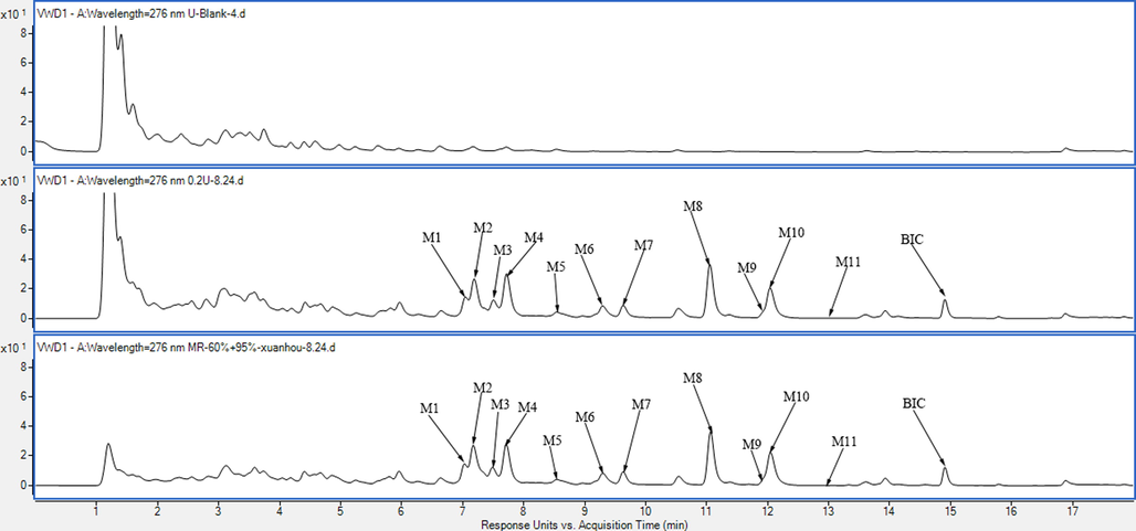 A, the UV chromatogram of blank rat urine; B, the UV chromatogram of original urine after oral administration BIC; C, the UV chromatogram of urine after treatment with D101 resin.