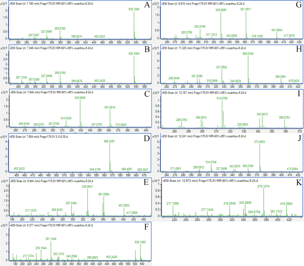 The MS data of 11 metabolites; A, M1; B, M2; C, M3; D, M4; E, M5; F, M6; G, M7; H, M8; I, M9; J, M10; K, M11.