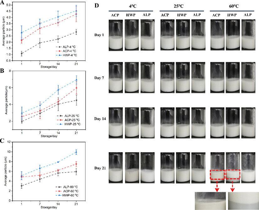 Droplets diameter of the GFPP emulsions on the 1st day, 7th day, 14th day, and 21st day (A, 4 °C; B, 25 °C, and C, 60 °C). Macroscopic examination of GFPP emulsions during storage at room temperature for 21 days (D). Red arrows indicate a phase separation.