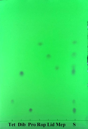 TLC plates under 254 nm UV light irradiation for separation of six anesthetics with Rf values of 0.09 (Pro), 017 (Tet), 0.41 (Dib), 0.50 (Mep), 0.62 (Lid) and 0.73 (Rop), respectively. Developing system: cyclohexane-triethylamine system (7:3). The concentrations were 2 mg mL−1 for Pro, Tet, Dib, and 5 mg mL−1 for Mep, Lid, Rop, respectively.