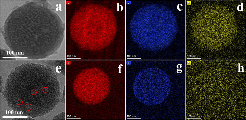 (a) TEM of HPCS-0.4–600; elemental mappings of HPCS-0.4–600: (b) C, (c) O, (d) Zn; (e) TEM of HPCS-0.4–900; elemental mappings of HPCS-0.4–900: (f) C, (g) O, (h) Zn.