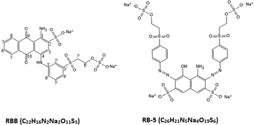 Chemical structures and empirical formulas of RBB and RB-5 dyes.