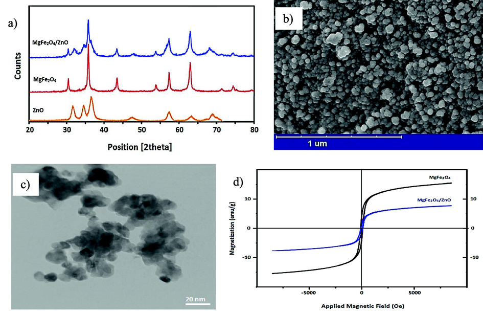 A) xrd patterns, b) fesem image, c) tem image, and d) vsm spectra of mgfe2O4/ZnO nanocomposite.