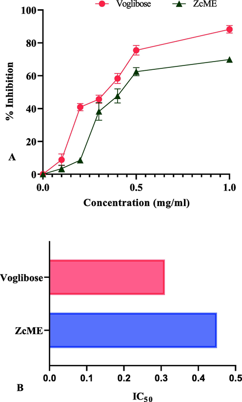 Effect of ZcME on 1(A) % inhibition of α-glucosidase and 1(B) IC50 value. Here, ‘ZcME’ stands for Z. capitatum methanol extract. Values are mean ± SD (n = 5).