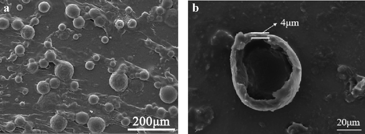 Microcapsule SEM images (optimal conditions: stirring rate was 600 r/min, addition amount of oxidant was 5 g, oxidation polymerization time is 4 h).