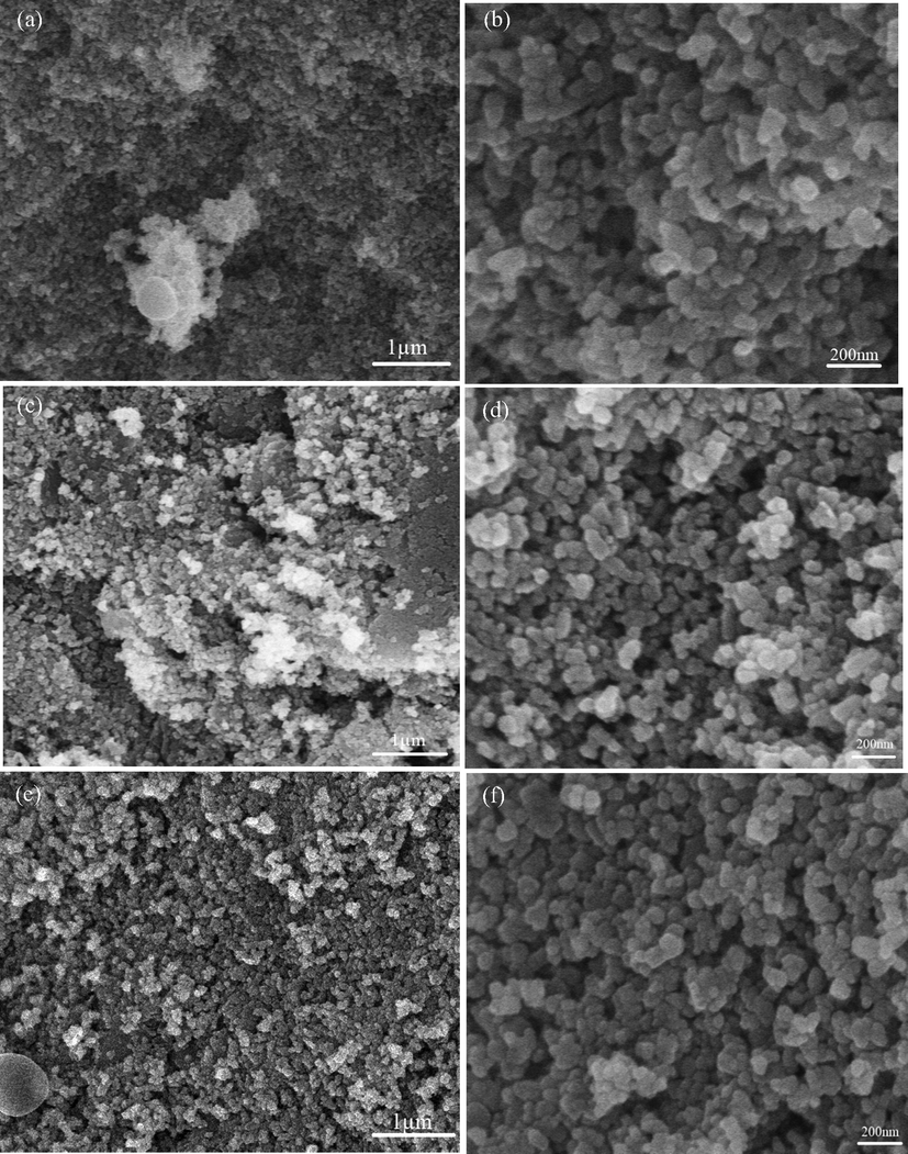 SEM images of eggshell added zirconia at different eggshell content (a) 3 g, (b) Magnified view at 3 g, (c) 4 g, (d) Magnified view at 4 g, (e) 5 g, and (f) Magnified view at 5 g.