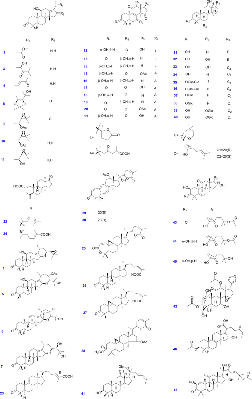 The structures of tetracyclic triterpenoids (1–47) are used.