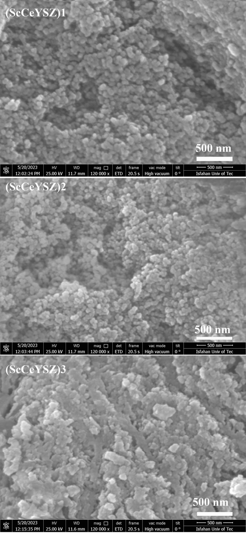 FESEM images of (ScCeYSZ)1-3 nanopowders at an annealing temperature of 1000 °C for 2 h.