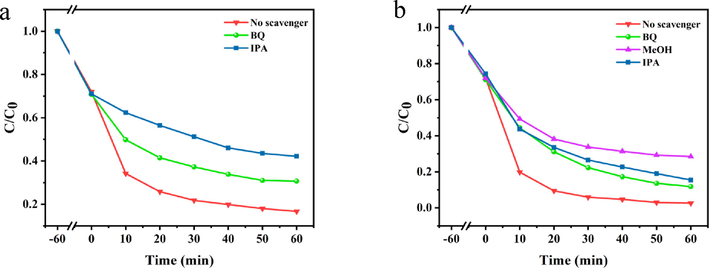 Effects of scavengers on Telon Red A2R over (a) PDA-SF/AgNPs-H2O2 and (b) PDA-SF/AgNPs-PMS.