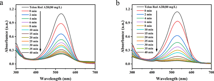 Oxidative degradation on Telon Red A2R dye by (a) PDA-SF/AgNPs-H2O2 and (b) PDA-SF/AgNPs-PMS system.