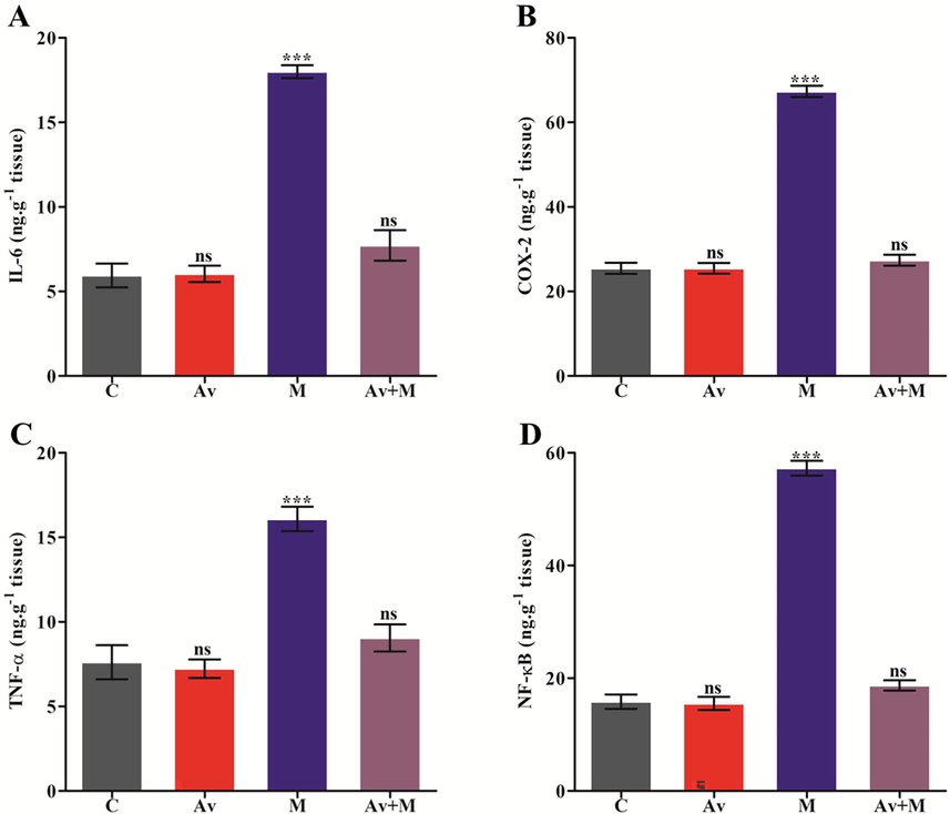 Effects of A. vera extract and malathion on the levels of cytokines i.e., IL-6 (A), COX-2 (B), TNF-α (C) and NF-κB (D) in rat brain. The treatment procedures of A. vera extract and malathion and the assay for inflammatory markers was as described in Materials and Methods. The unit of the concentration was stated as ng.g−1 tissue. The data represented as mean ± SD of three distinct experiments. The data were significant at P < 0.05 as compared to the control.