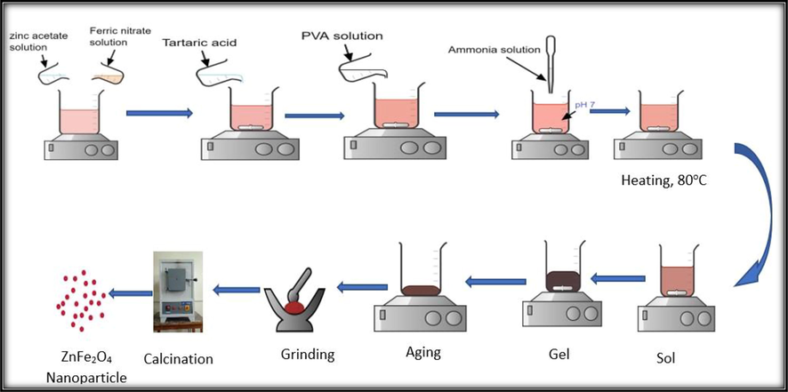 Schematic presentation of ZnFe2O4 nanoparticles preparation by sol–gel technique.