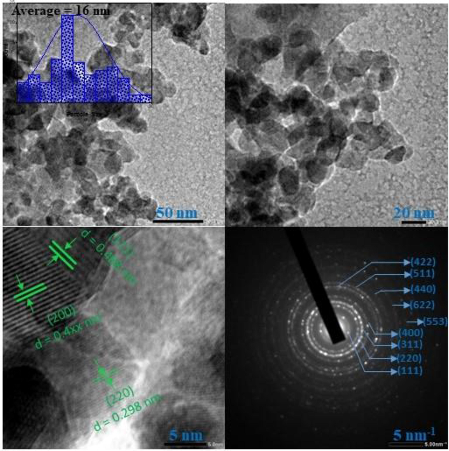 TEM images at different magnification and selected area electron diffraction pattern of NZF-1.