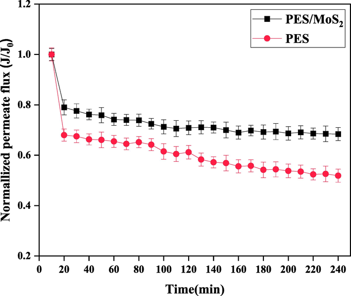 Normalized permeate flux of the pulp and paper wastewater using the PES and PES/MoS2 membrane.