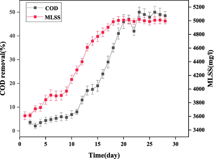 The COD removal rate and MLSS concentration during 28 days of acclimation.