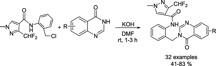 Synthesis of quinazolinone containing pyrazole carbamide derivatives.