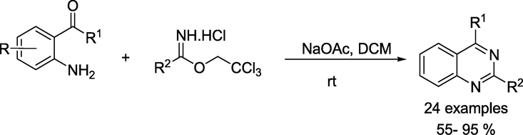 Synthesis of quinazolines from 2-aminophenyl ketones and 2,2,2–trichloroethyl imidates hydrochloride.