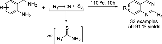 Synthesis of Quinazolines by elemental sulphur promoted oxidative condensation.