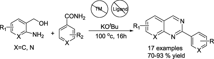 Metal-free synthesis of quinazoline analogues.