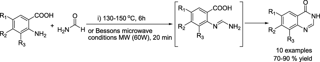 Synthesis of quinazoline by Niementowski reaction or by Besson's microwave conditions.