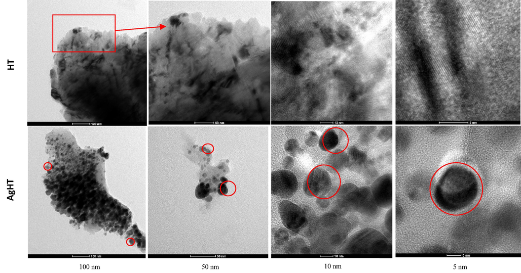 TEM analysis of HT (top) and AgHT (bottom). Magnification (left to right): 100 nm, 50 nm, 10 nm, and 5 nm.