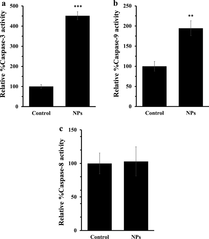 (a) Caspase-3 assay, (b) caspase-9 assay, and (c) caspase-3 assay after incubation of AGS cells with IC50 concentrations of ZnO NPs for 24 h. Each data reported as the mean ± SD of three experiments. **p < 0.01, ***p < 0.001.