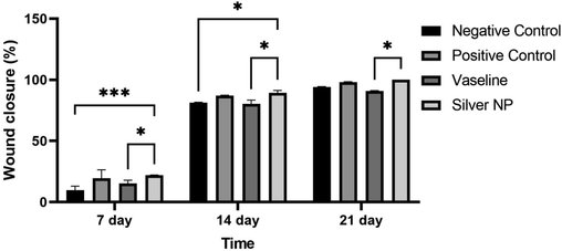 Percentage of wound closure at 7, 14 and 21 days post-injury (mean ± SD) (p < 0.001 ***, p < 0.01 **, p < 0.05 *).